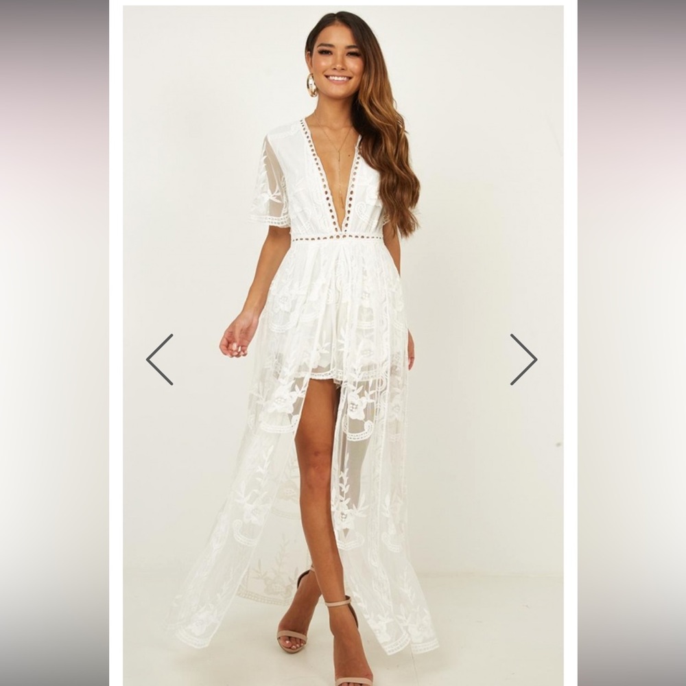 White lace maxi dress with romper shorts underneath